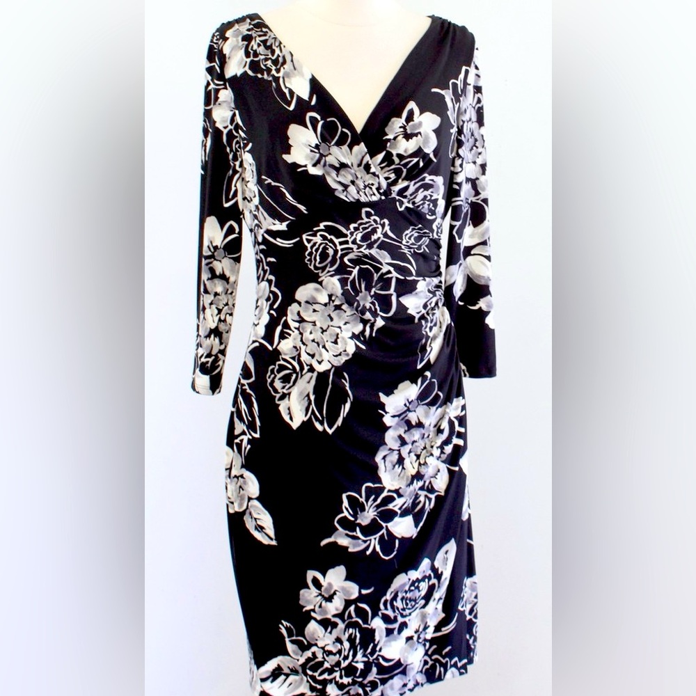 Lauren Ralph Lauren Black/White/Gray floral vneck rushed waist wrap jersey dress